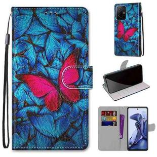 For Xiaomi Mi 11T / 11T Pro Coloured Drawing Cross Texture Horizontal Flip PU Phone Leather Case with Holder & Card Slots & Wallet & Lanyard(Colorful Layer(Big Red Butterfly On Blue)