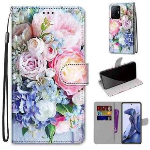 For Xiaomi Mi 11T / 11T Pro Coloured Drawing Cross Texture Horizontal Flip PU Phone Leather Case with Holder & Card Slots & Wallet & Lanyard(Colorful Layer(Light Pink Bouquet)