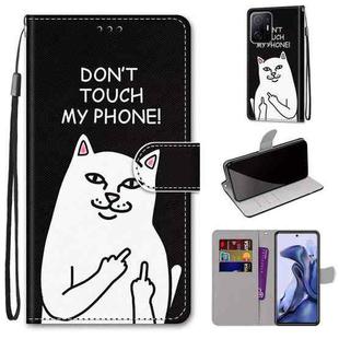 For Xiaomi Mi 11T / 11T Pro Coloured Drawing Cross Texture Horizontal Flip PU Phone Leather Case with Holder & Card Slots & Wallet & Lanyard(Colorful Layer(Middle Finger White Cat)