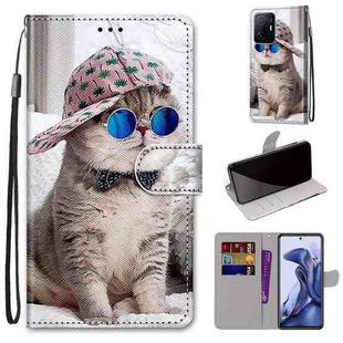 For Xiaomi Mi 11T / 11T Pro Coloured Drawing Cross Texture Horizontal Flip PU Phone Leather Case with Holder & Card Slots & Wallet & Lanyard(Colorful Layer(Oblique Hat Blue Mirror Cat)