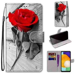 For Samsung Galaxy A13 4G Coloured Drawing Cross Texture Horizontal Flip PU Phone Leather Case with Holder & Card Slots & Wallet & Lanyard(Colorful Layer(Red Rose On Wooden)