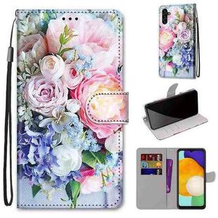 For Samsung Galaxy A13 5G Coloured Drawing Cross Texture Horizontal Flip PU Phone Leather Case with Holder & Card Slots & Wallet & Lanyard(Colorful Layer(Light Pink Bouquet)