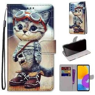 For Samsung Galaxy M52 5G Coloured Drawing Cross Texture Horizontal Flip PU Phone Leather Case with Holder & Card Slots & Wallet & Lanyard(Colorful Layer(Leather Shoes Cat)