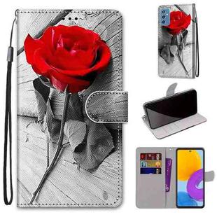 For Samsung Galaxy M52 5G Coloured Drawing Cross Texture Horizontal Flip PU Phone Leather Case with Holder & Card Slots & Wallet & Lanyard(Colorful Layer(Red Rose On Wooden)