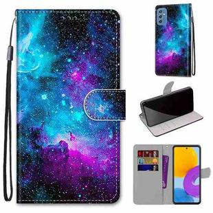 For Samsung Galaxy M52 5G Coloured Drawing Cross Texture Horizontal Flip PU Phone Leather Case with Holder & Card Slots & Wallet & Lanyard(Colorful Layer(Purple Green Starry Sky)