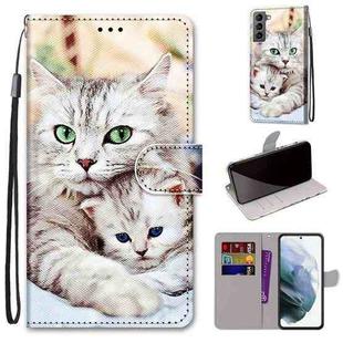For Samsung Galaxy S22 5G Coloured Drawing Cross Texture Horizontal Flip PU Phone Leather Case with Holder & Card Slots & Wallet & Lanyard(Colorful Layer(Big Cat Hugging Kitten)