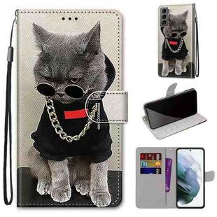 For Samsung Galaxy S22 5G Coloured Drawing Cross Texture Horizontal Flip PU Phone Leather Case with Holder & Card Slots & Wallet & Lanyard(Colorful Layer(Golden Chain Grey Cat)