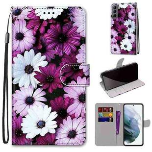 For Samsung Galaxy S22 5G Coloured Drawing Cross Texture Horizontal Flip PU Phone Leather Case with Holder & Card Slots & Wallet & Lanyard(Colorful Layer(Chrysanthemum Pink White Purple)