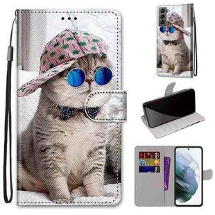 For Samsung Galaxy S22 5G Coloured Drawing Cross Texture Horizontal Flip PU Phone Leather Case with Holder & Card Slots & Wallet & Lanyard(Colorful Layer(Oblique Hat Blue Mirror Cat)