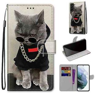 For Samsung Galaxy S22+ 5G Coloured Drawing Cross Texture Horizontal Flip PU Phone Leather Case with Holder & Card Slots & Wallet & Lanyard(Colorful Layer(Golden Chain Grey Cat)