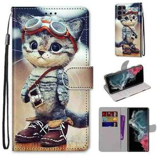 For Samsung Galaxy S22 Ultra 5G Coloured Drawing Cross Texture Horizontal Flip PU Phone Leather Case with Holder & Card Slots & Wallet & Lanyard(Colorful Layer(Leather Shoes Cat)