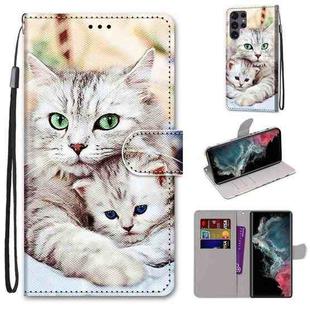 For Samsung Galaxy S22 Ultra 5G Coloured Drawing Cross Texture Horizontal Flip PU Phone Leather Case with Holder & Card Slots & Wallet & Lanyard(Colorful Layer(Big Cat Hugging Kitten)