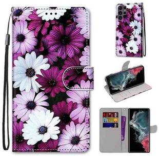 For Samsung Galaxy S22 Ultra 5G Coloured Drawing Cross Texture Horizontal Flip PU Phone Leather Case with Holder & Card Slots & Wallet & Lanyard(Colorful Layer(Chrysanthemum Pink White Purple)