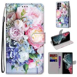 For Samsung Galaxy S22 Ultra 5G Coloured Drawing Cross Texture Horizontal Flip PU Phone Leather Case with Holder & Card Slots & Wallet & Lanyard(Colorful Layer(Light Pink Bouquet)