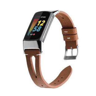 For Fitbit Charge 5 FC5-18 Pointed Tail Leather Strap Watch Band(Brown)