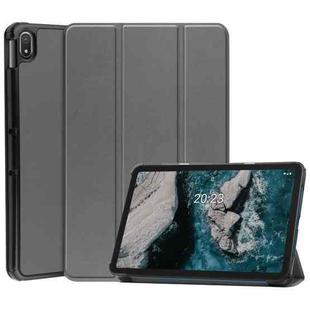 For Nokia T20 Three-folding Holder Custer Texture Leather Tablet Case(Grey)