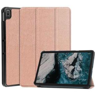 For Nokia T20 Three-folding Holder Custer Texture Leather Tablet Case(Rose Gold)