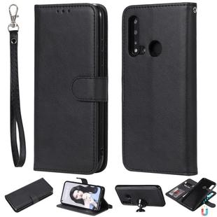 For Huawei nova 5i Solid Color Horizontal Flip Protective Case with Holder & Card Slots & Wallet & Photo Frame & Lanyard(Black)