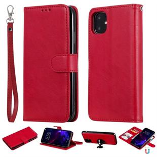 For iPhone 11 Solid Color Horizontal Flip Protective Case with Holder & Card Slots & Wallet & Photo Frame & Lanyard(Red)