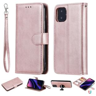 For iPhone 11 Pro Solid Color Horizontal Flip Protective Case with Holder & Card Slots & Wallet & Photo Frame & Lanyard(Rose Gold)