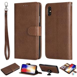 For iPhone X / XS Solid Color Horizontal Flip Protective Case with Holder & Card Slots & Wallet & Photo Frame & Lanyard(Brown)