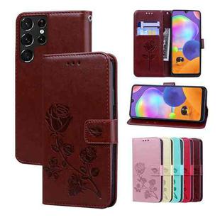 For Samsung Galaxy S22 Ultra 5G Rose Embossed Leather Phone Case(Brown)