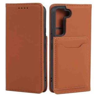 For Samsung Galaxy S22 5G Strong Magnetism Liquid Feel Horizontal Flip Leather Phone Case(Brown)