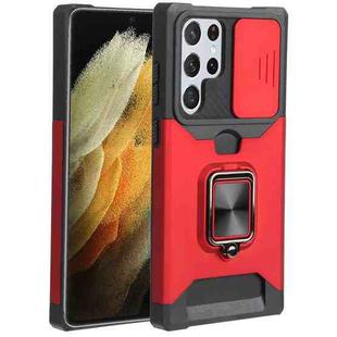 For Samsung Galaxy S22 Ultra 5G Sliding Camera Cover Design PC + TPU Shockproof Phone Case with Ring Holder & Card Slot(Red)