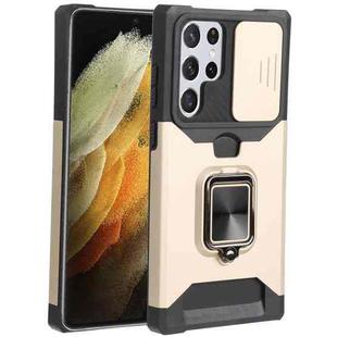 For Samsung Galaxy S22 Ultra 5G Sliding Camera Cover Design PC + TPU Shockproof Phone Case with Ring Holder & Card Slot(Gold)