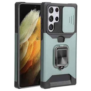 For Samsung Galaxy S22 Ultra 5G Sliding Camera Cover Design PC + TPU Shockproof Phone Case with Ring Holder & Card Slot(Dark Green)