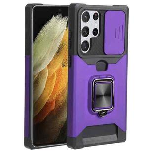 For Samsung Galaxy S22 Ultra 5G Sliding Camera Cover Design PC + TPU Shockproof Phone Case with Ring Holder & Card Slot(Purple)