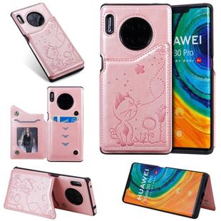 For Huawei Mate30 Pro Cat Bee Embossing Pattern Shockproof Protective Case with Card Slots & Photo Frame(Rose Gold)