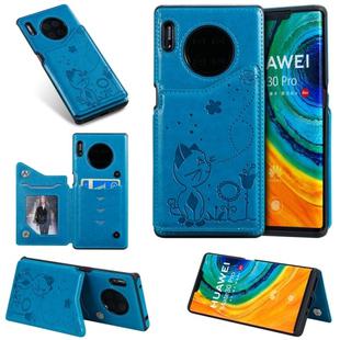 For Huawei Mate30 Pro Cat Bee Embossing Pattern Shockproof Protective Case with Card Slots & Photo Frame(Blue)