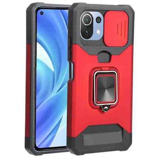 For Xiaomi Mi 11 Lite Sliding Camera Cover Design PC + TPU Shockproof Phone Case with Ring Holder & Card Slot(Red)