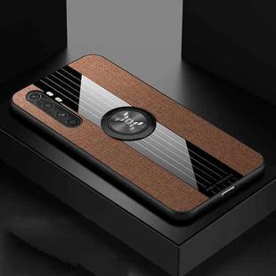 For Xiaomi Mi Note 10 Lite XINLI Stitching Cloth Texture TPU Phone Case with Ring Holder(Brown)