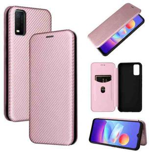 For vivo Y3s 2021 Carbon Fiber Texture Horizontal Flip Leather Phone Case(Pink)