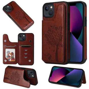 For iPhone 13 Cat Tree Embossing Pattern Shockproof Phone Case(Brown)