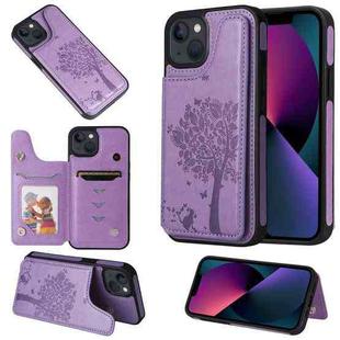 For iPhone 13 mini Cat Tree Embossing Pattern Shockproof Phone Case (Purple)