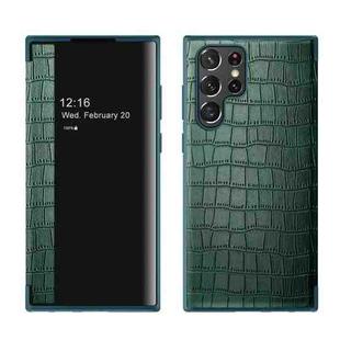 For Samsung Galaxy S22 Ultra 5G Crocodile Texture Window View Leather Phone Case(Green)