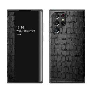 For Samsung Galaxy S22 Ultra 5G Crocodile Texture Window View Leather Phone Case(Black)