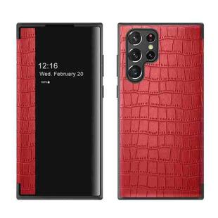 For Samsung Galaxy S22 Ultra 5G Crocodile Texture Window View Leather Phone Case(Red)