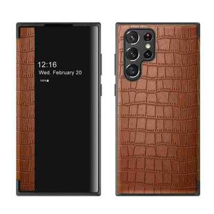 For Samsung Galaxy S22 Ultra 5G Crocodile Texture Window View Leather Phone Case(Brown)