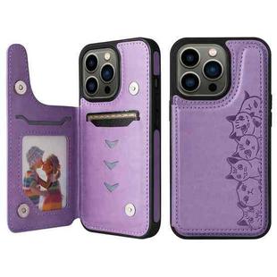 For iPhone 13 Pro Six Cats Embossing Pattern Shockproof Phone Case (Purple)