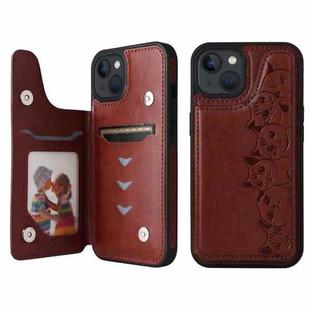 For iPhone 13 mini Six Cats Embossing Pattern Shockproof Phone Case (Brown)