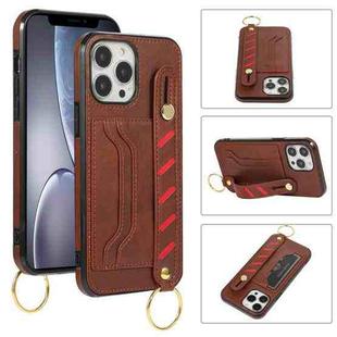 For iPhone 13 Pro Max Wristband Wallet Leather Phone Case (Brown)