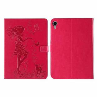 Pressed Printing Woman and Cat Pattern Horizontal Flip Leather Tablet Case For iPad mini 6(Rose Red)