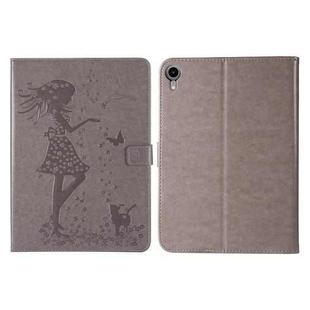 Pressed Printing Woman and Cat Pattern Horizontal Flip Leather Tablet Case For iPad mini 6(Grey)