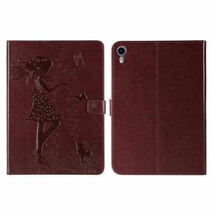 Pressed Printing Woman and Cat Pattern Horizontal Flip Leather Tablet Case For iPad mini 6(Brown)