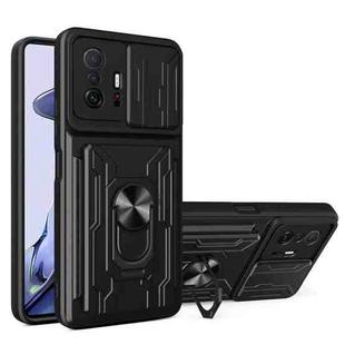 For Xiaomi 11T Camera Cover Phone Case with Card Slot & Holder(Black)