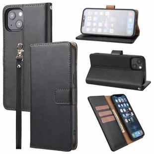 For iPhone 13 mini Plain Weave Cowhide Genuine Leather Phone Case (Black)